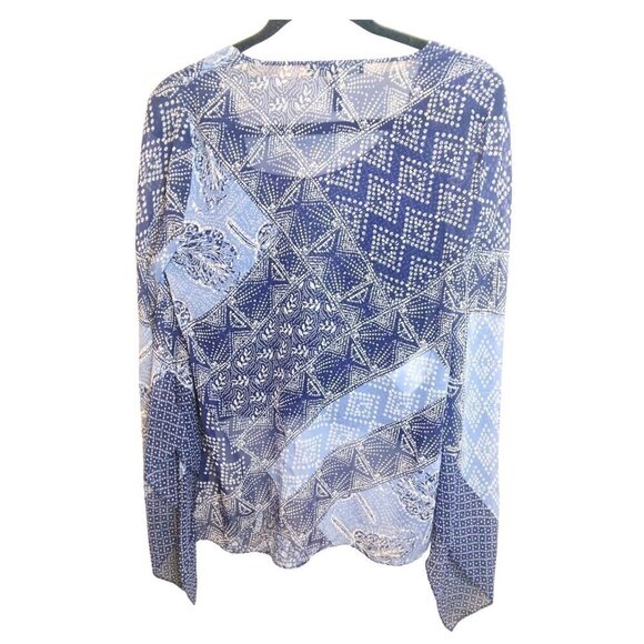 BCBG MAXAZRIA NICKELETTE BLUE & WHITE SILK PRINT HIGH LOW BLOUSE - SIZE S - Picture 2 of 5